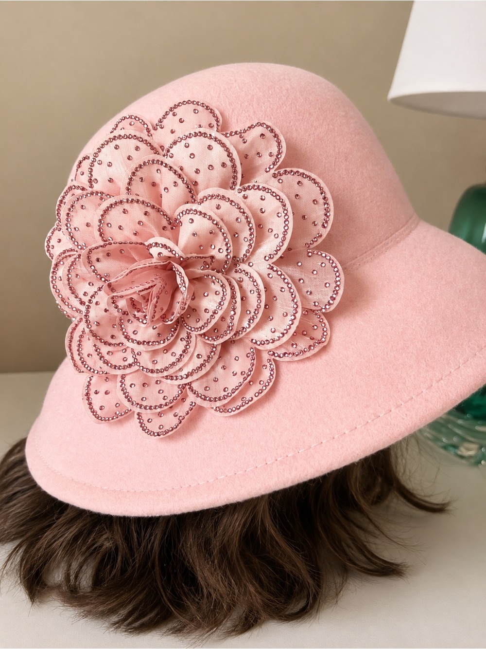 Bling Studded Flower Felt Bucket Hat